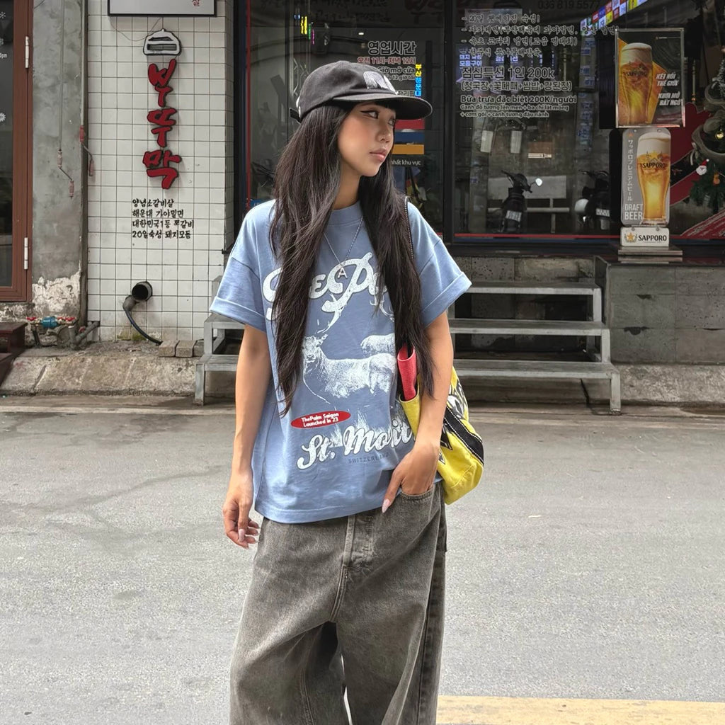 Áo Thun Xanh Xám FORM BOXY "ST.MORITZ" UNISEX Nam Nữ