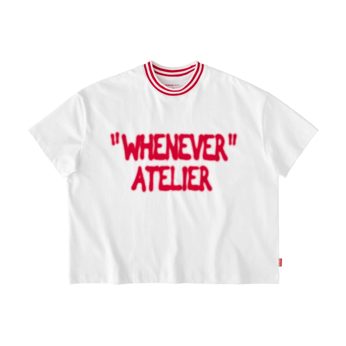 “WHENEVER” SPRAY STRIPED NECK TEE WHITE RED