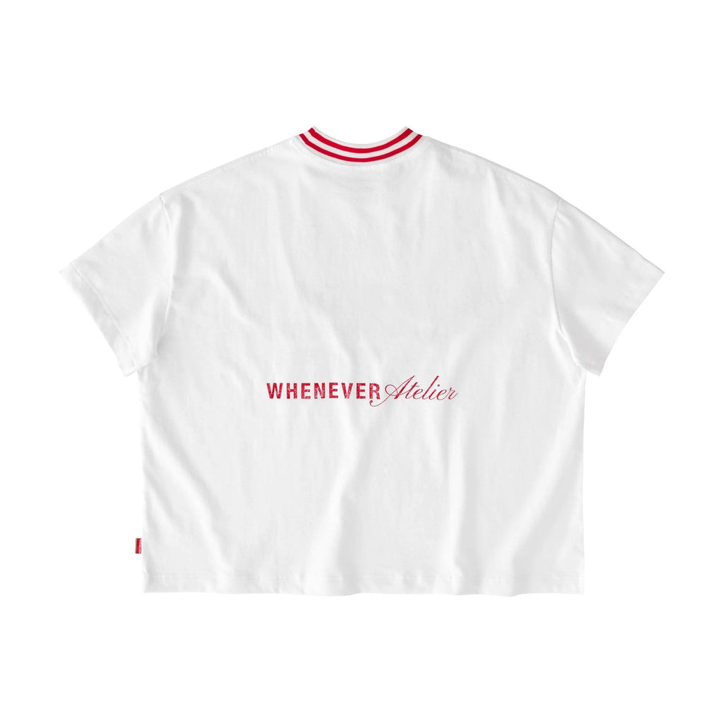 “WHENEVER” SPRAY STRIPED NECK TEE WHITE RED