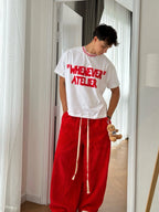 “WHENEVER” SPRAY STRIPED NECK TEE WHITE RED