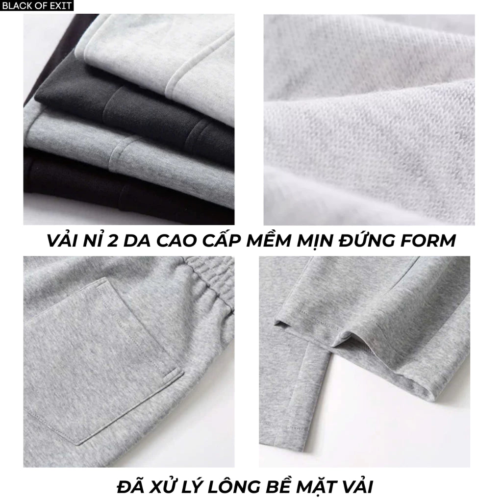 Quần nỉ dài Gân Chéo Trơn BLACK OF EXIT Vải Nỉ 2 Da Unisex