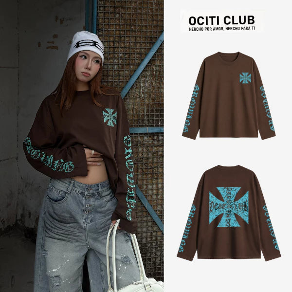 Áo thun tay dài Nâu Choco họa tiết Xanh tiffany