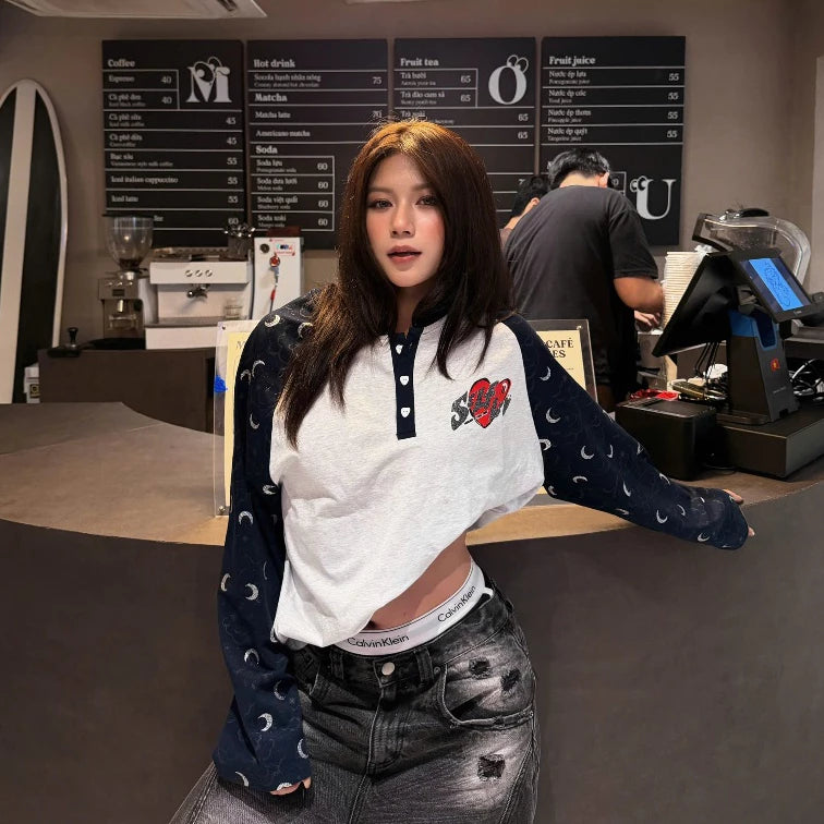 THELIGHT STU BOX Áo Thun Tay Dài Cổ Nút Henley