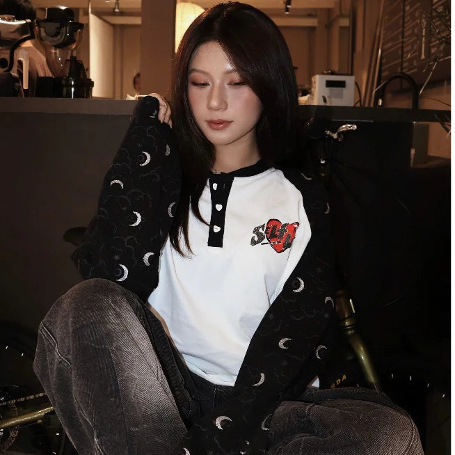 THELIGHT STU BOX Áo Thun Tay Dài Cổ Nút Henley